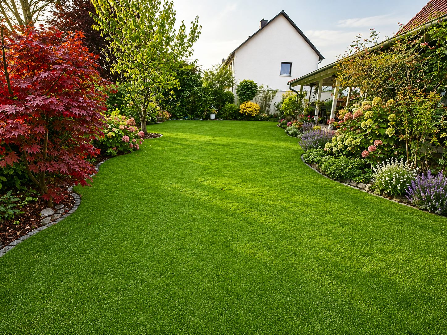 Gepflegte Gartenanlage mit Rasen, Beeten und Gehölzen